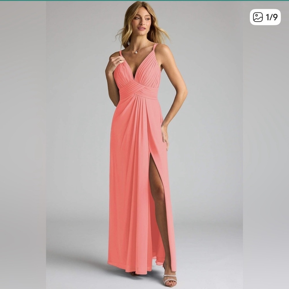 Azazie Coral Pink V-Neck Spaghetti Strap Evening Gown